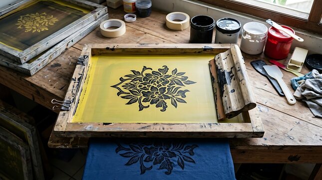 Screen printing setup with floral stencil on a wooden workbench