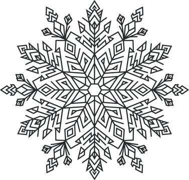 Intricate geometric snowflake pattern black and white line art.