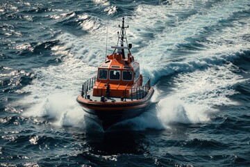 Fototapeta premium Orange pilot boat speeds through rough sea creating white foam waves. Vessel navigates choppy ocean waters leaving trail behind. Maritime transport in action on deep blue ocean.