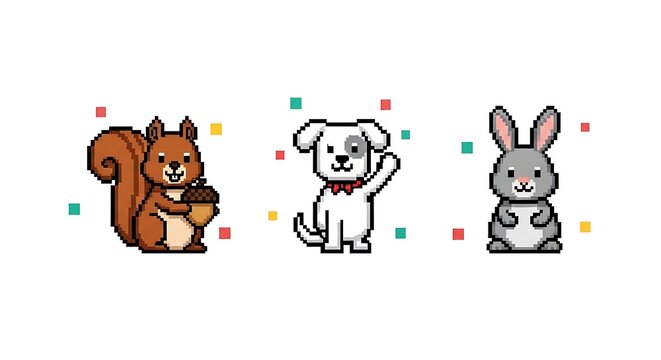 Pixelated illustrations of a squirrel holding an acorn, a dog waving, and a rabbit