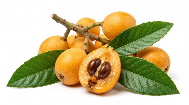 Ripe loquat fruit cluster with cut half showing seeds tropical botanical
