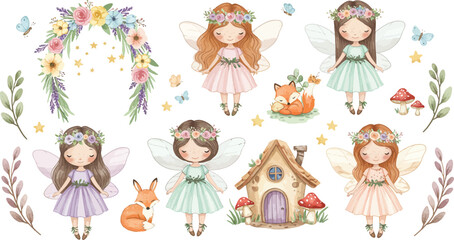 Fototapeta premium A collection of cute watercolor fairy illustrations featuring magical woodland creatures floral arches and a tiny whimsical house on white background