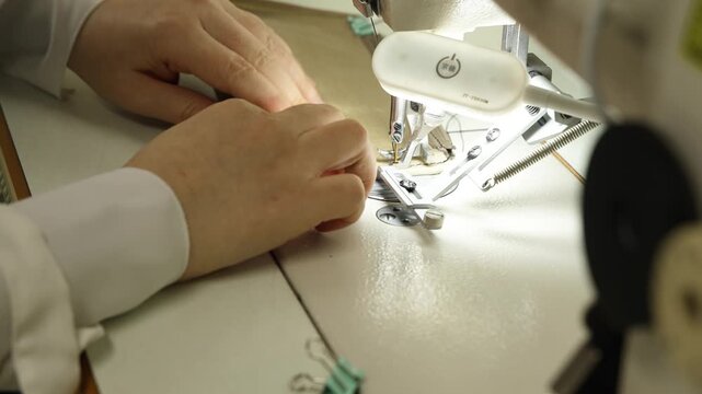 A close-up of a craftsperson's hands feeding leather through a sewing machine in a leather craft workshop.