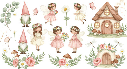 Obraz premium Watercolor collection of cute fairy girls garden gnomes and magical woodland houses with floral elements isolated on a white background for design