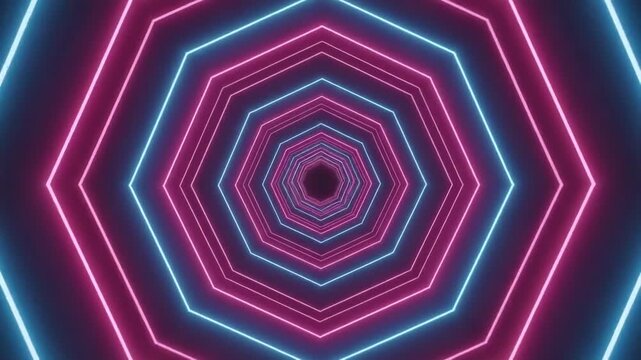 Abstract tunnel with glowing pink and blue neon octagonal geometric shapes