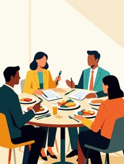 Obraz premium Group of colleagues business lunch at round table in office canteen. Pro team discuss project papers eating healthy food. Diverse coworkers work together during break time conversation. Corporate