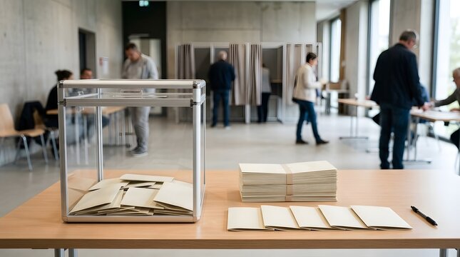 Voters casting ballots in polling booths during an election day, ballot box in foreground.