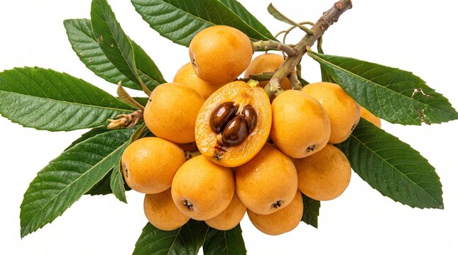 Fresh loquat branch with leaves isolated vegetarian nutrition botanical
