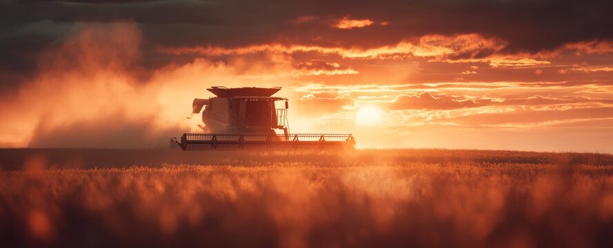 Combine Harvester cinematic mood and lighting scene of powerful combine harvester working at sunset through vast golden fields, dramatic dust particles, warm light rays, epic agricultural storytelling