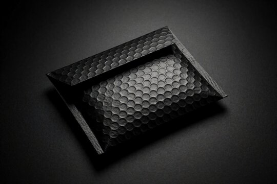 Dark padded envelope with bubble wrap texture lies on black surface. Mailer provides protection for contents during transit. Ideal for shipping small items securely.