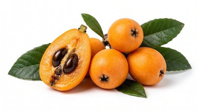 Fresh loquat fruits with green leaves isolated on white background
