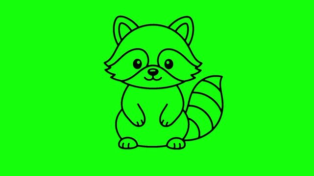 A simple, black-outline drawing of a cute, seated raccoon on a solid bright green background, perfectly optimized for chroma key video animation and editing.