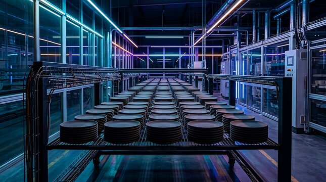 Automated manufacturing facility with black plates under neon lights