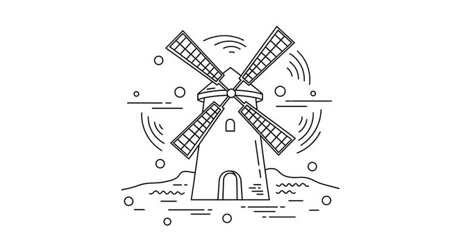 Simple line art of a windmill with four blades, standing on a hill, against a white background