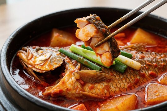 Korean braised cutlass fish stew in spicy red pepper sauce with fresh green onions. Silver beltfish piece held by chopsticks over hot pot dish. Traditional meal served in ceramic bowl. Asian cuisine