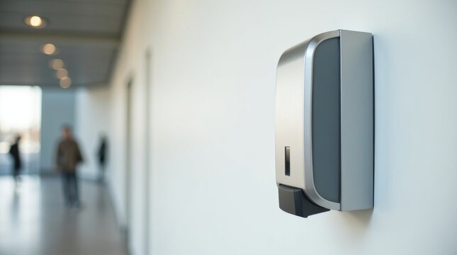 Modern wall mounted automatic hand sanitizer dispenser in public building hallway.