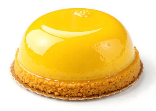 Brazilian Quindim glossy coconut egg custard with vibrant yellow color, isolated on white background