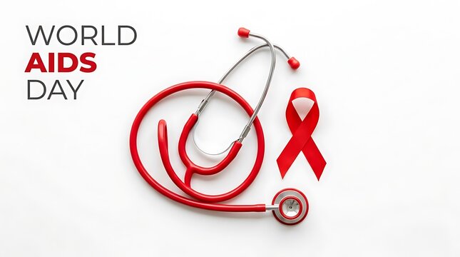 World aids day concept with a red stethoscope and a red awareness ribbon on white background