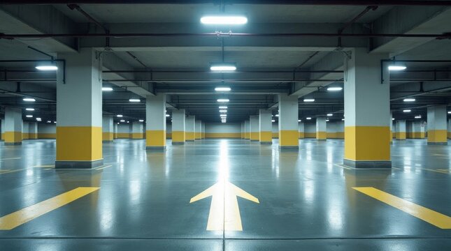 Empty underground parking garage with illuminated directional arrow.