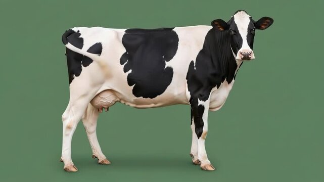 A full body portrait of a black and white holstein cow on a green background