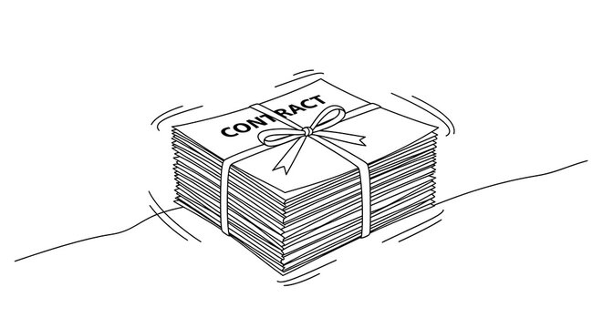 Sketch of a stack of documents tied with a ribbon; the top reads "CONTRACT