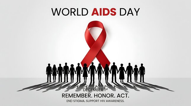 World aids day concept with a red awareness ribbon and silhouettes of people standing together in unity