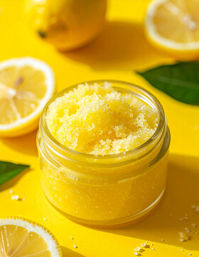 Glass jar with fresh lemon body scrub on vibrant yellow surface, creamy textured scrub with fine sugar crystals, fresh lemon slices and subtle botanical accents, organic skincare and natural cosmetic