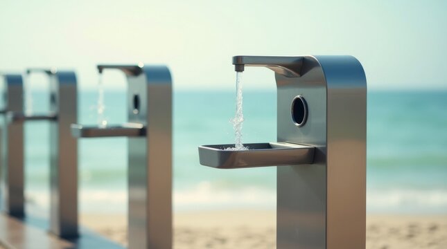 Modern stainless steel water fountain stations on a sunny beach.