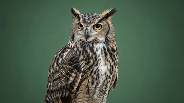 A close portrait of a majestic great horned owl with piercing yellow eyes