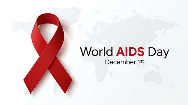 World aids day background with a red awareness ribbon and a faint world map on white
