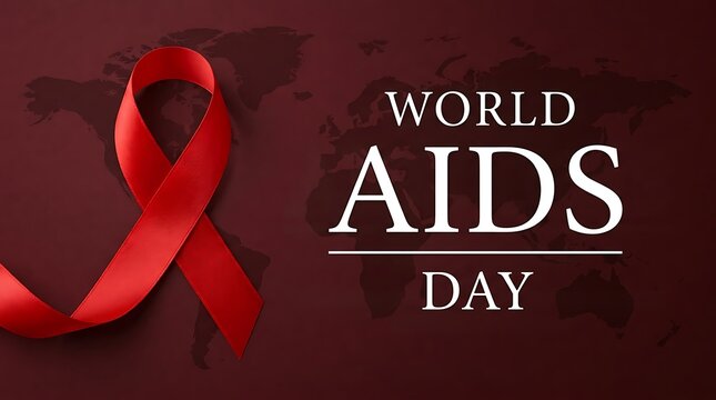 World aids day background with a red awareness ribbon symbol on a dark maroon textured backdrop