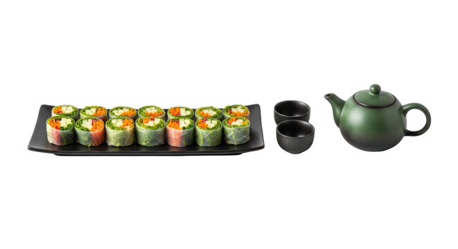 Set of colorful sushi rolls with teapot and cup on transparent background