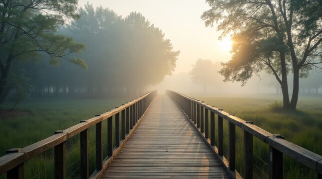 A serene wooden bridge stretching into a misty morning forest landscape.