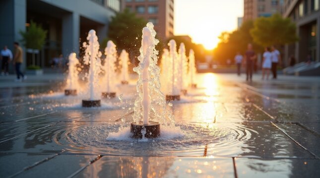 Water fountain jets splashing in a modern city plaza at sunset.