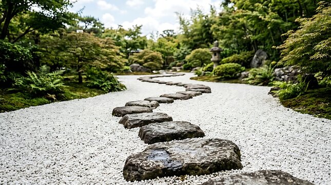 Serene stepping stone path through a traditional japanese garden