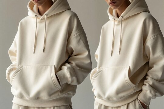 Young model wears beige hoodie in studio. Person poses in plain oversized cotton pullover with strings. Minimalist fashion shoot features neutral clothing design for urban streetwear brand. Soft