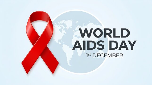 World aids day concept with a red awareness ribbon and a global map background for december first