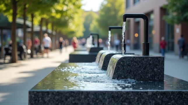 Modern public water fountain in a pedestrian urban street.