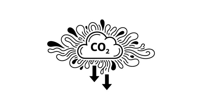 Stylized graphic of a cloud emitting CO2, with surrounding decorative elements and arrows