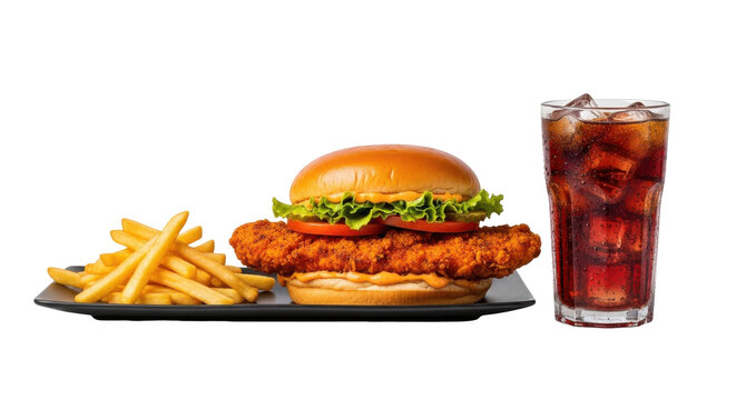 Fast food meal with fried chicken burger, fries and cola drink on transparent background