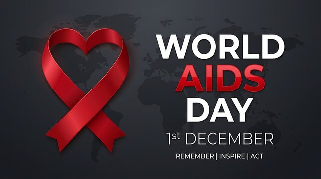 World aids day background with a red awareness ribbon on a dark textured map for december 1st