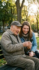 Fototapeta premium Grandfather Granddaughter Phone Park Bench Laughing