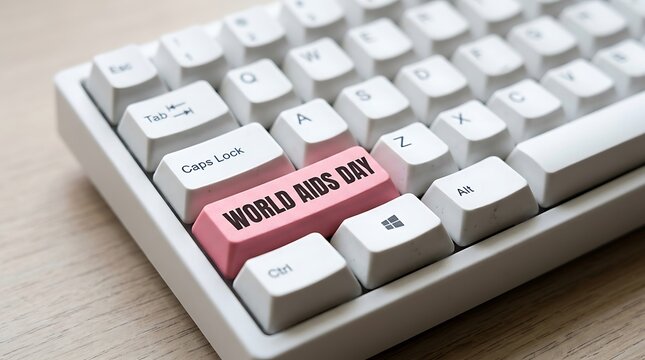 A pink keyboard key with the text world aids day displayed on a white computer keyboard