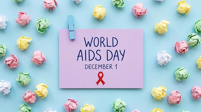 World aids day concept with a red awareness ribbon on a purple card surrounded by colorful paper balls