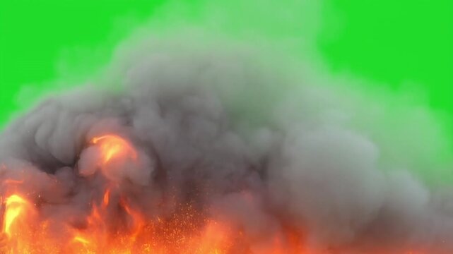 Fire Explosion Effect with Heavy Smoke Cloud Isolated on Green Screen Chroma Key