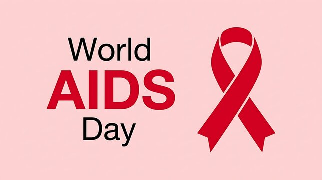 World aids day banner featuring a red awareness ribbon symbol on a soft light pink background