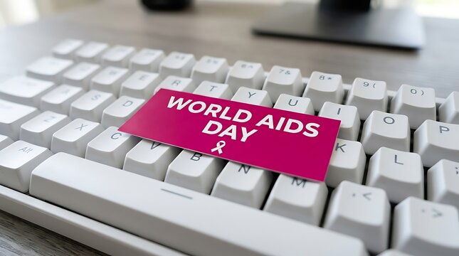 A red card with the text world aids day placed on a white computer keyboard for awareness