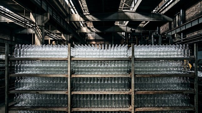 Rows of empty glass bottles on shelves in an industrial factory