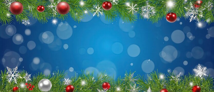 Christmas garland border on blue bokeh background