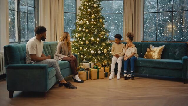 Family sitting near decorated Christmas tree